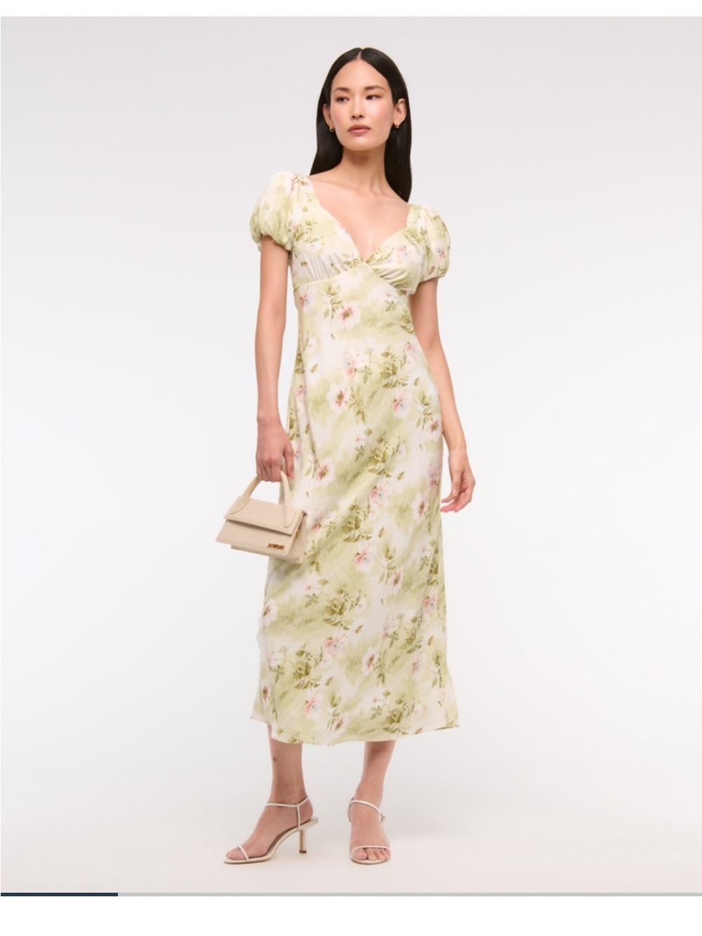 Abercrombie & Fitch Light Green Floral Puff-Sleeve Midi Dress